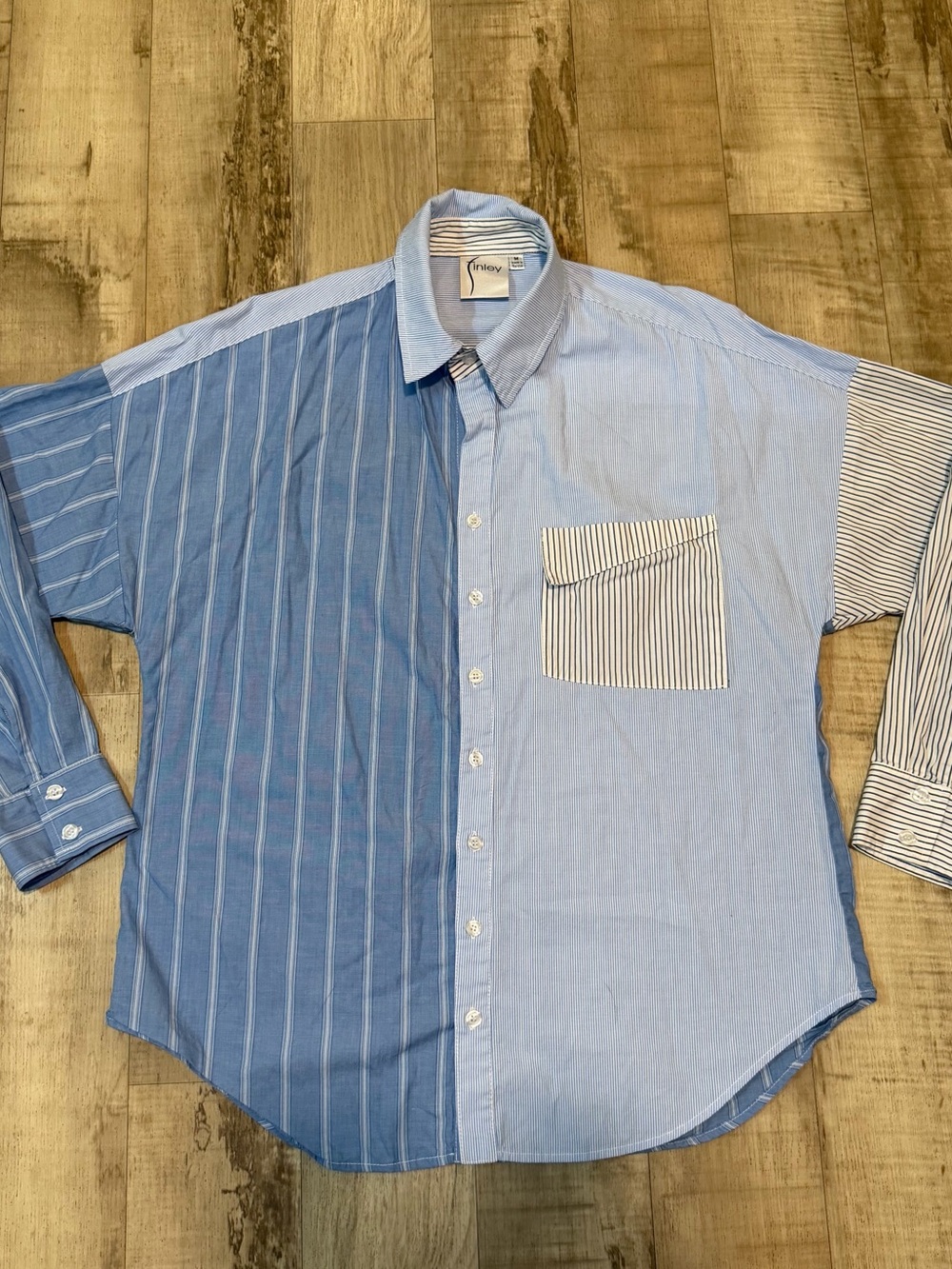 Finley Womens Blue Mixed Stripe Patchwork Button Down Shirt Size M Made USA